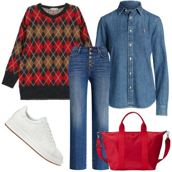 Outfit donna - Pullover e jeans city. Stile Casual per Tutti i giorni. Abbinamento con maglieria, sneakers, camicie, jeans dritti, borse tote.