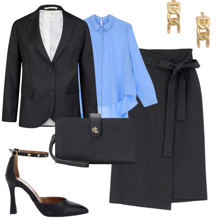 Outfit donna - La gonna a portafoglio. Stile Chic per Tutti i giorni. Abbinamento con gonne longuette, camicie, décolleté, blazer, pochette, orecchini.