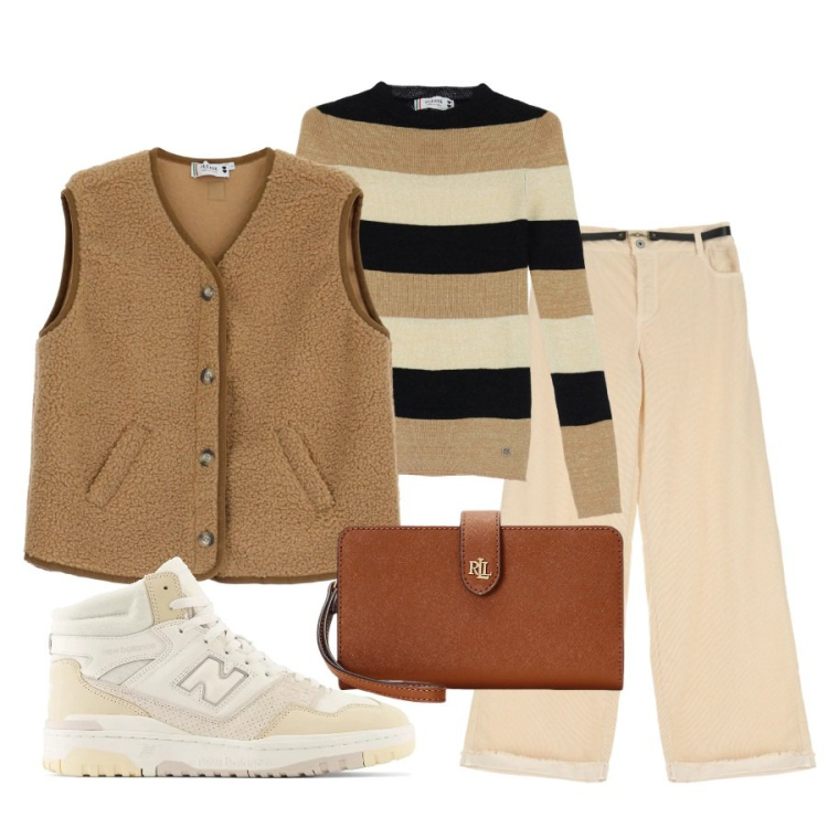 Outfit donna - New Winter campaign. Stile Glamour per Tutti i giorni. Abbinamento con sneakers, blazer, pullovers, pantaloni a palazzo, pochette.