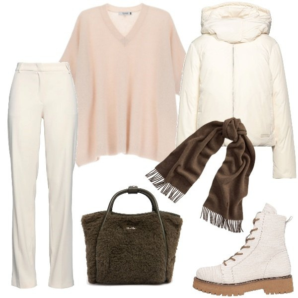 Outfit donna - In citta\' con stile. Stile Urban per Tutti i giorni. Abbinamento con anfibi, piumini, pantaloni, maglieria, sciarpe, borse a mano.