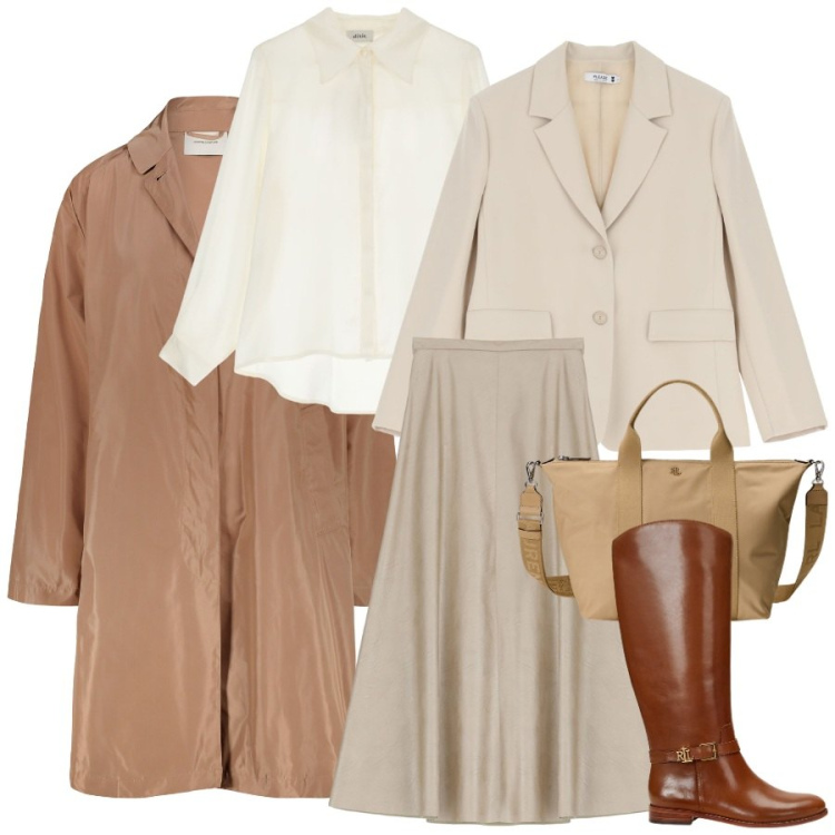 Outfit donna - Toni neutri in città. Stile Trendy per Ufficio. Abbinamento con blazer, gonne, camicie, borse tote, stivali, trench.