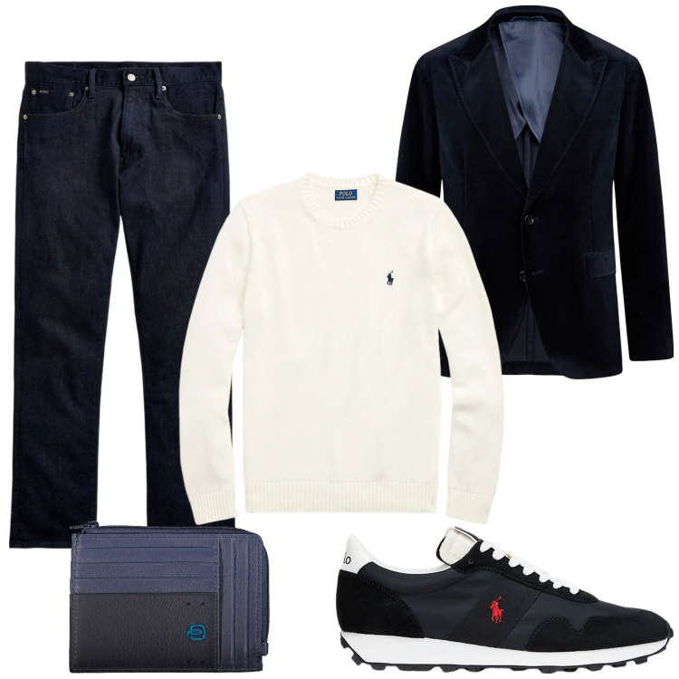 Outfit uomo - Aperitivo. Stile Trendy per Tutti i giorni. Abbinamento con jeans dritti, maglieria, sneakers, giacche, portafogli.
