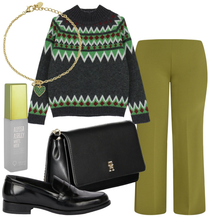 Outfit donna - Il pantalone che si nota. Stile Mannish per Ufficio. Abbinamento con profumi, braccialetti con ciondoli, maglieria, pantaloni a palazzo, borse a tracolla, mocassini.