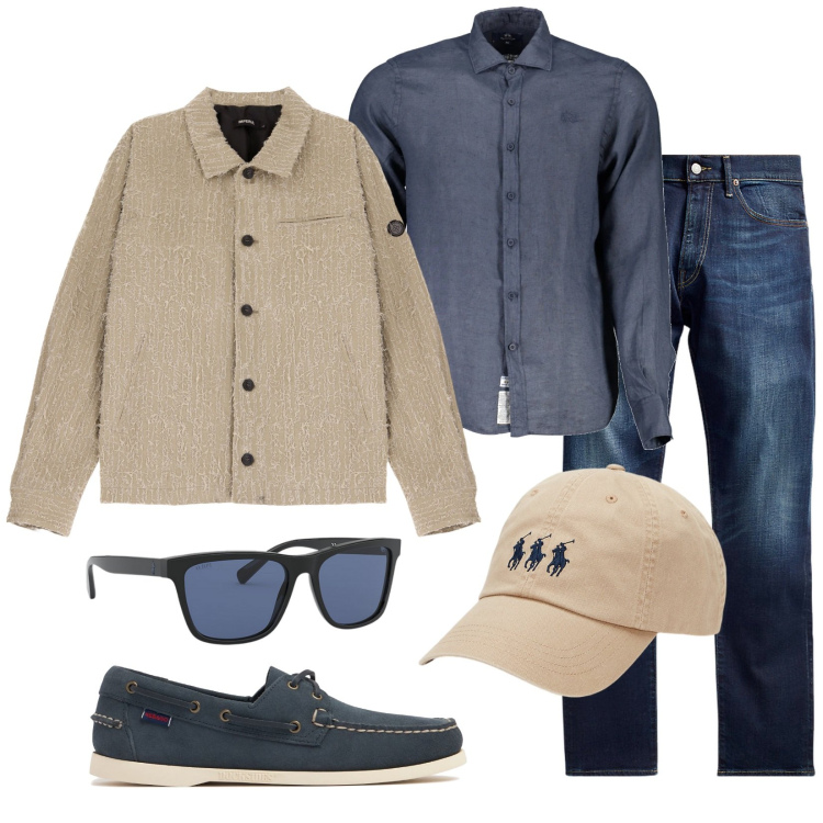 Outfit uomo - Total look #2005507. Stile Trendy per Tutti i giorni. Abbinamento con giacche, jeans, occhiali da sole, cappelli, scarpe stringate, camicie.