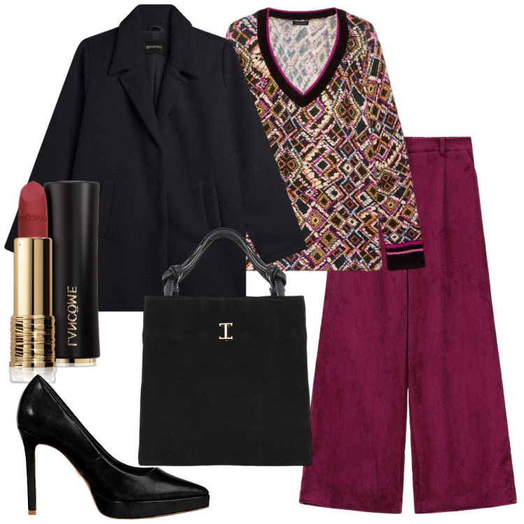Outfit donna - Bordeaux elegante. Stile Chic per Ufficio. Abbinamento con rossetti, décolleté, shopping bag, cappotti, pantaloni a palazzo, maglieria.