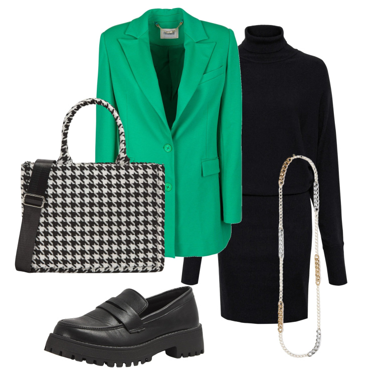 Outfit donna - In ufficio. Stile Casual chic per Ufficio. Abbinamento con vestiti, shopping bag, mocassini, collane, blazer.