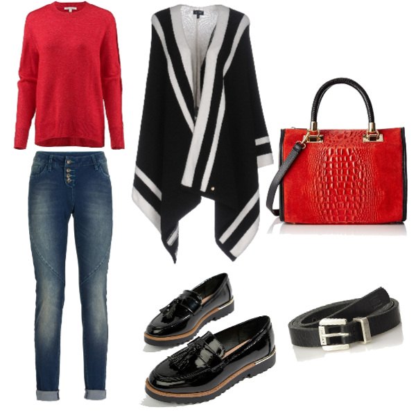 Outfit donna - Trendy, denim e rosso, wow. Stile Trendy per Tutti i giorni. Abbinamento con jeans boyfriend, mantella senza tasche fantasia lavorato a maglia scollatura profonda interno sfoderato monopetto, mocassini, pullover in denim, borsa a mano rosso, cintura nero.