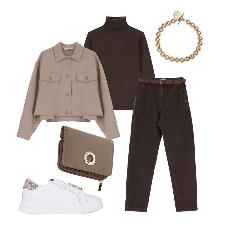 Outfit donna - Cioccolata calda. Stile Casual per Tutti i giorni. Abbinamento con pantaloni, maglieria, blazer, portafogli, sneakers, braccialetti.
