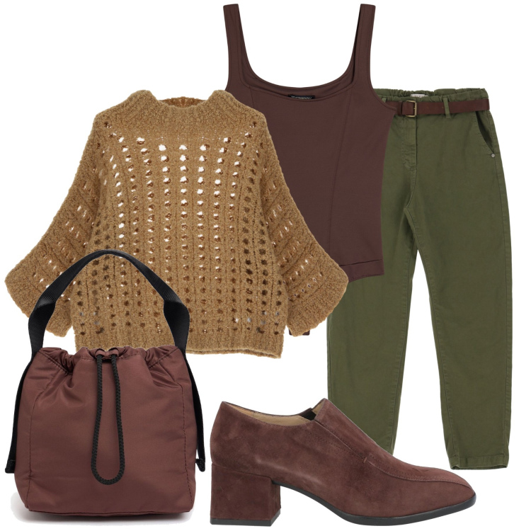 Outfit donna - Marrone e verde. Stile Casual per Tutti i giorni. Abbinamento con mocassini, pantaloni, body, pullovers, pochette.