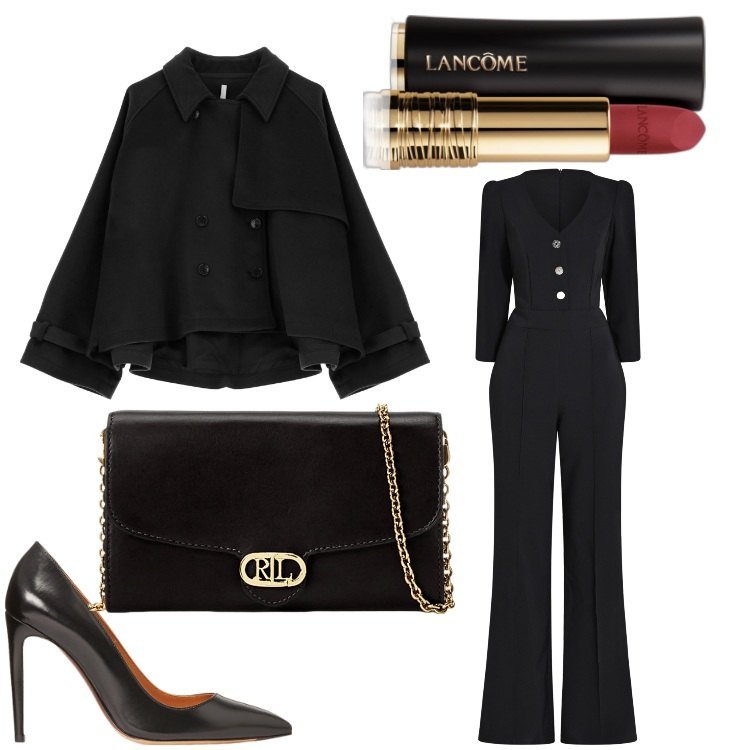 Outfit donna - Jumpsuit di sera. Stile Chic per Serata fuori. Abbinamento con rossetti, tute, caban, borse a tracolla, décolleté.