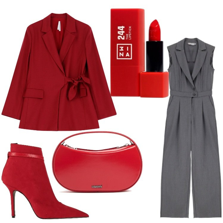 Outfit donna - Rosso jumpsuit. Stile Chic per Serata fuori. Abbinamento con stivaletti, rossetti, tute, blazer, borse a mano.