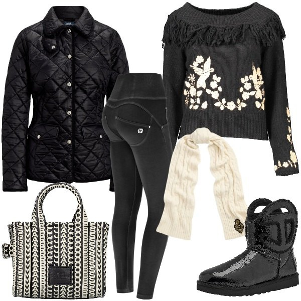 Outfit donna - Griffe shop. Stile Casual per Tutti i giorni. Abbinamento con pantaloni skinny, giacche, sciarpe, stivali, maglieria, borse a tracolla.