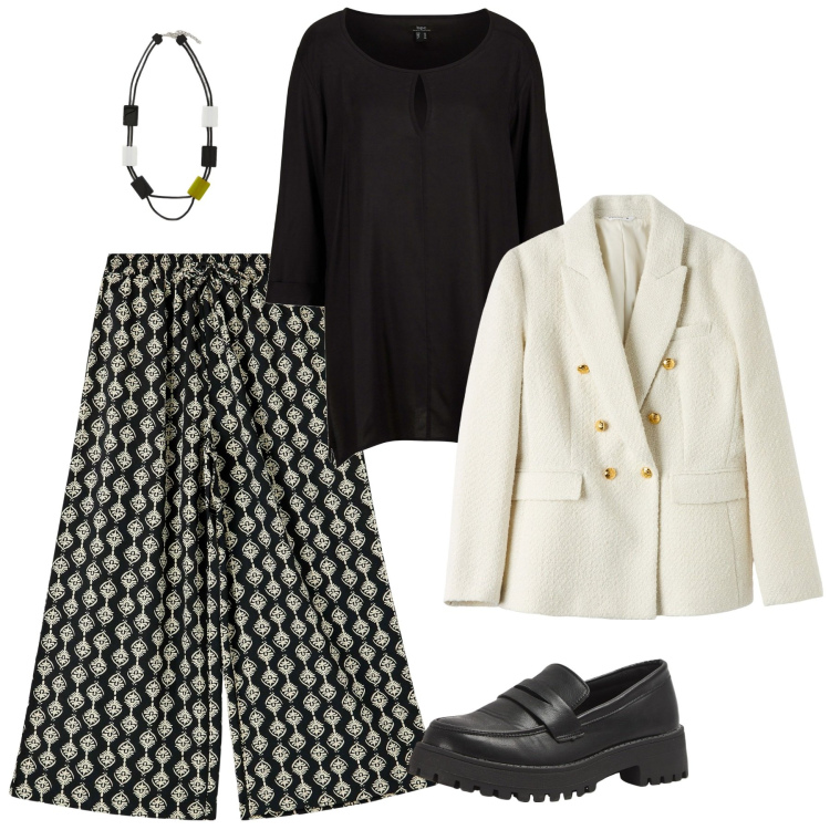Outfit donna - Total look #2005594. Stile Bon Ton per Tutti i giorni. Abbinamento con bluse, pantaloni a palazzo, blazer, mocassini, collane.