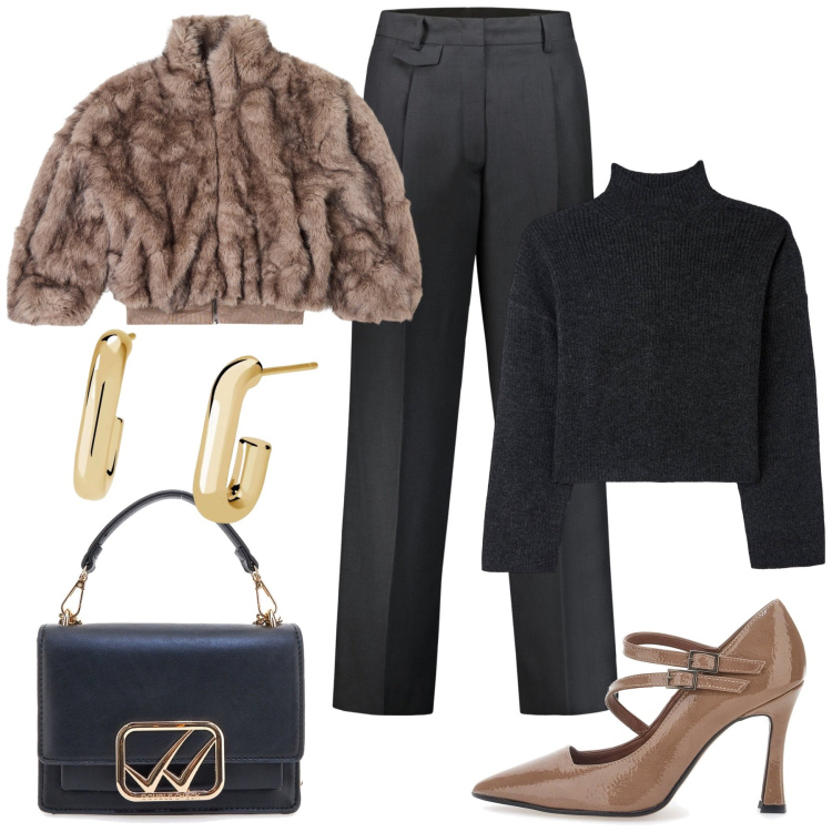 Outfit donna - Bantoa Black Month. Stile Chic per Serata fuori. Abbinamento con ecopellicce, maglieria, orecchini, borse a tracolla, pantaloni, décolleté.