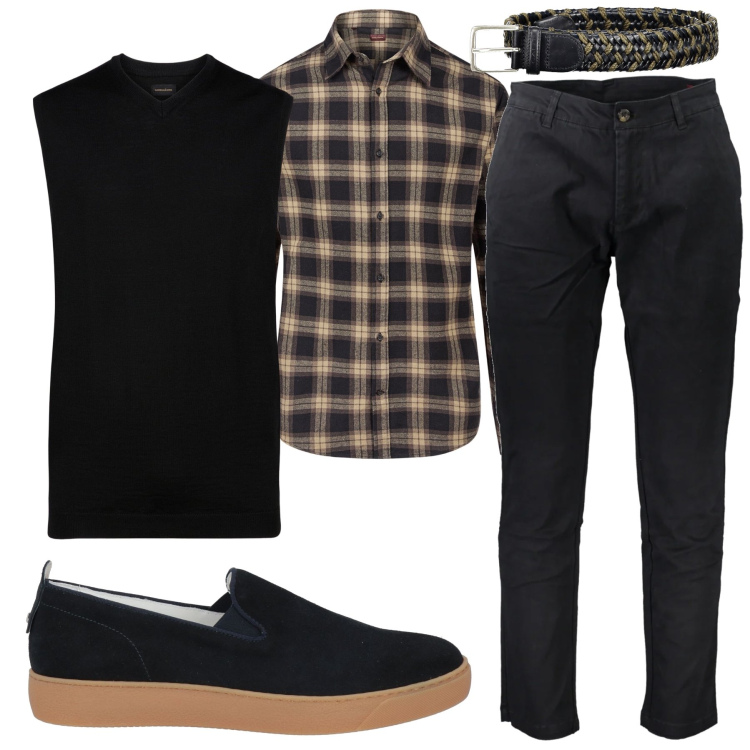 Outfit uomo - Total black. Stile Casual per Tutti i giorni. Abbinamento con sneakers, gilet, camicie, pantaloni, cinture.