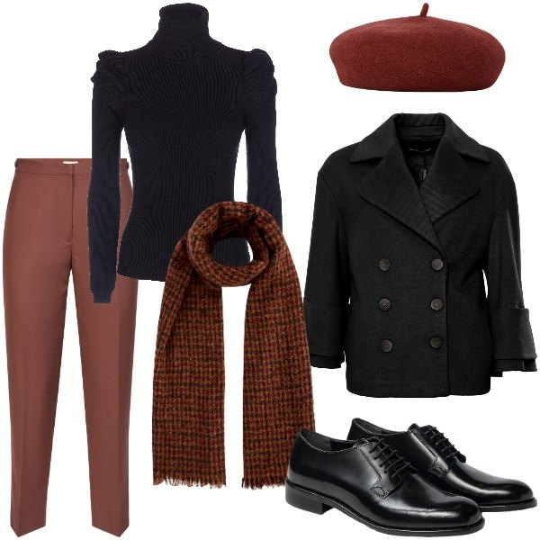 Outfit donna - Total look #2005648. Stile Mannish per Tutti i giorni. Abbinamento con maglieria, cappotti, cappelli e berretti, pantaloni, sciarpe, scarpe stringate.