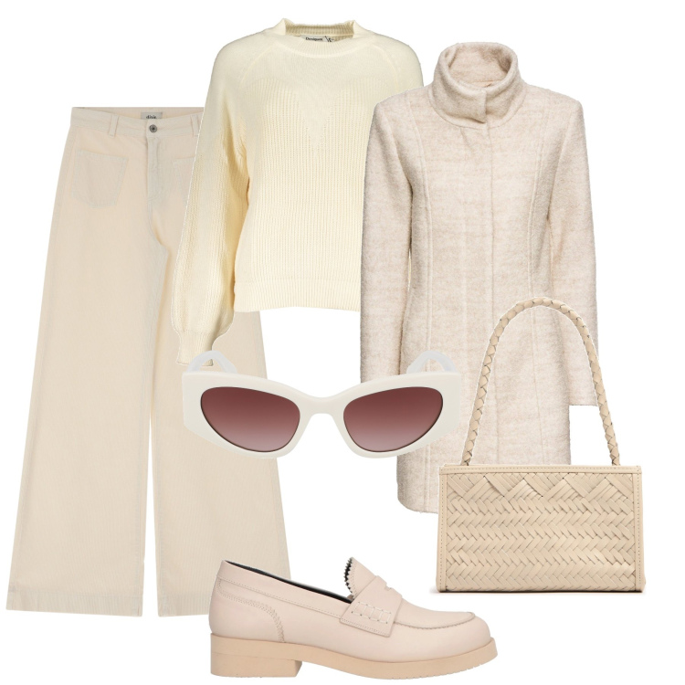 Outfit donna - Città monocromatica. Stile Sporty chic per Tutti i giorni. Abbinamento con cappotti, mocassini, pantaloni a palazzo, maglieria, borse a spalla, occhiali da sole.