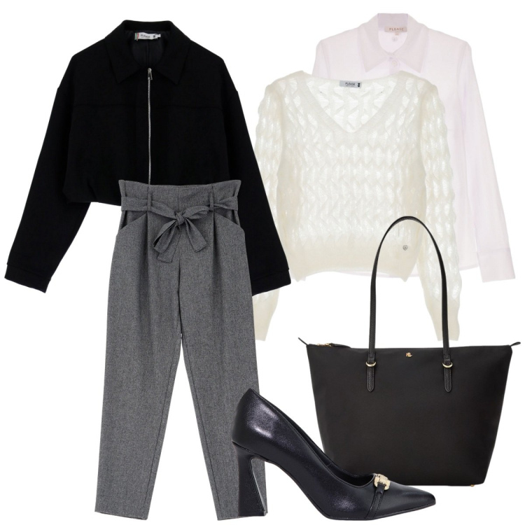 Outfit donna - Please - formale. Stile Minimal per Ufficio. Abbinamento con camicie, pantaloni, maglieria, blazer, stivaletti, borse tote.