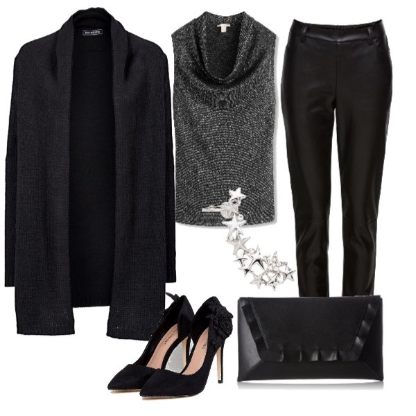 Outfit donna - Rock comfort. Stile Rock per Serata fuori. Abbinamento con cardigans, pantalone in pelle sintetica nero, bluse, vestaglia nero, décolleté fantasia floreale, pochette nero.