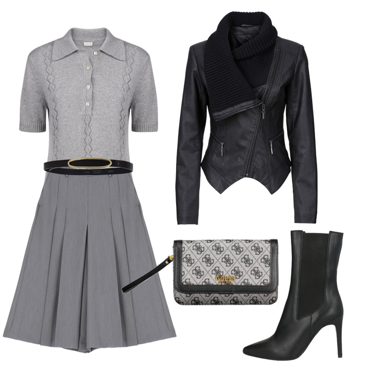 Outfit donna - I pantaloni come una gonna. Stile Trendy per Serata fuori. Abbinamento con blazer, stivaletti chelsea, pantaloni, cinture, polo, portafogli.