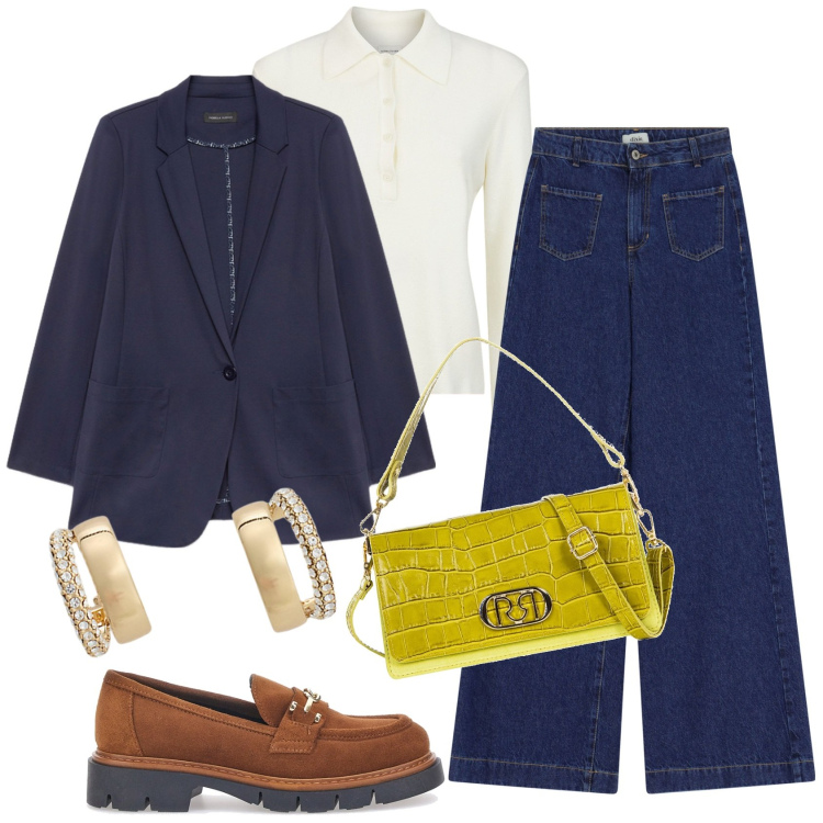 Outfit donna - Minimal is the key. Stile Minimal per Tutti i giorni. Abbinamento con borse a tracolla, jeans, orecchini, mocassini, polo, blazer.