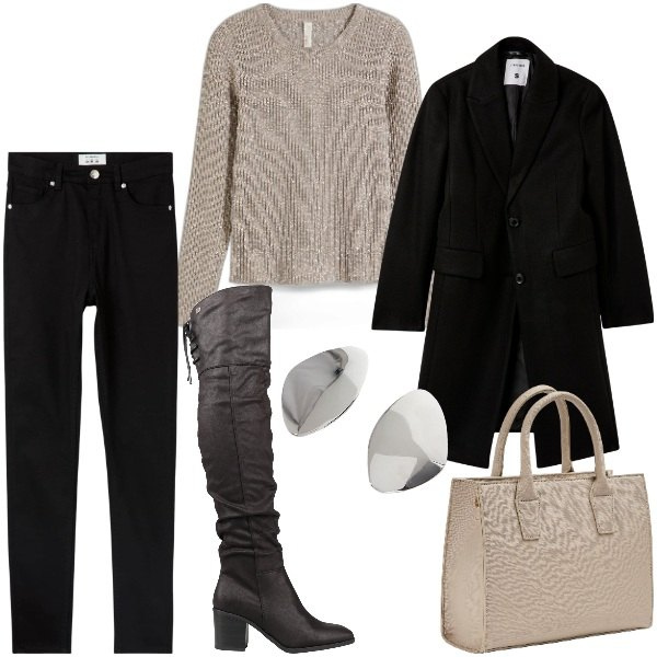 Outfit donna - Total look #2005684. Stile Minimal per Serata fuori. Abbinamento con maglieria, stivali, shopping bag, cappotti, pantaloni skinny, orecchini.