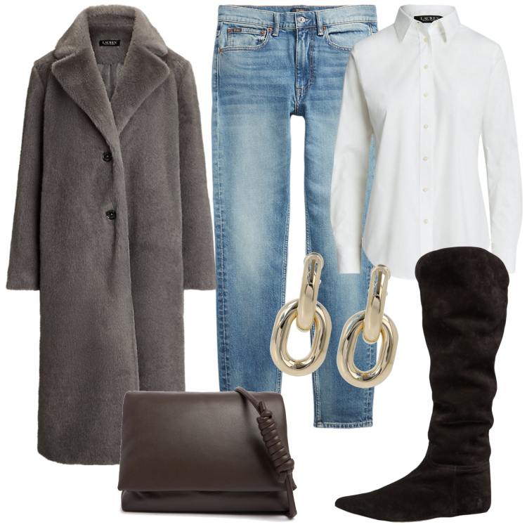 Outfit donna - Il cappotto toupe. Stile Casual chic per Tutti i giorni. Abbinamento con camicie, cappotti, jeans skinny, stivali sopra il ginocchio, orecchini, borse a spalla.