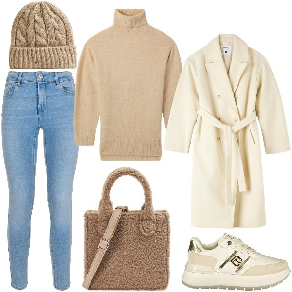 Outfit donna - Total look #2005693. Stile Basic per Tutti i giorni. Abbinamento con berretti, cappotti, shopping bag, maglieria, jeans skinny, sneakers.