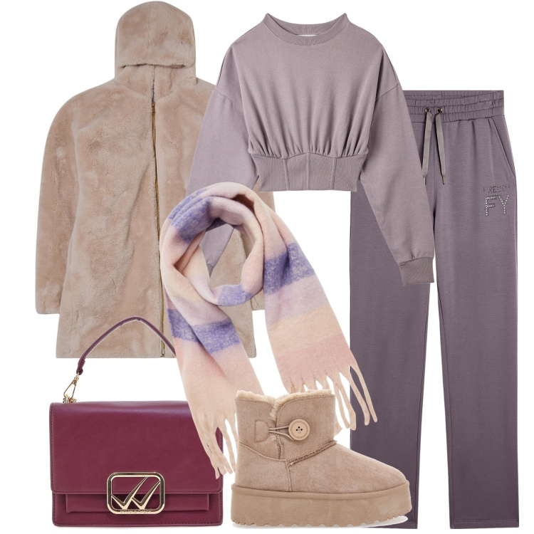 Outfit donna - Al caldo con il Bantoa black month. Stile Sporty chic per Tutti i giorni. Abbinamento con sciarpe, ecopellicce, felpe, pantaloni, stivaletti, borse a tracolla.