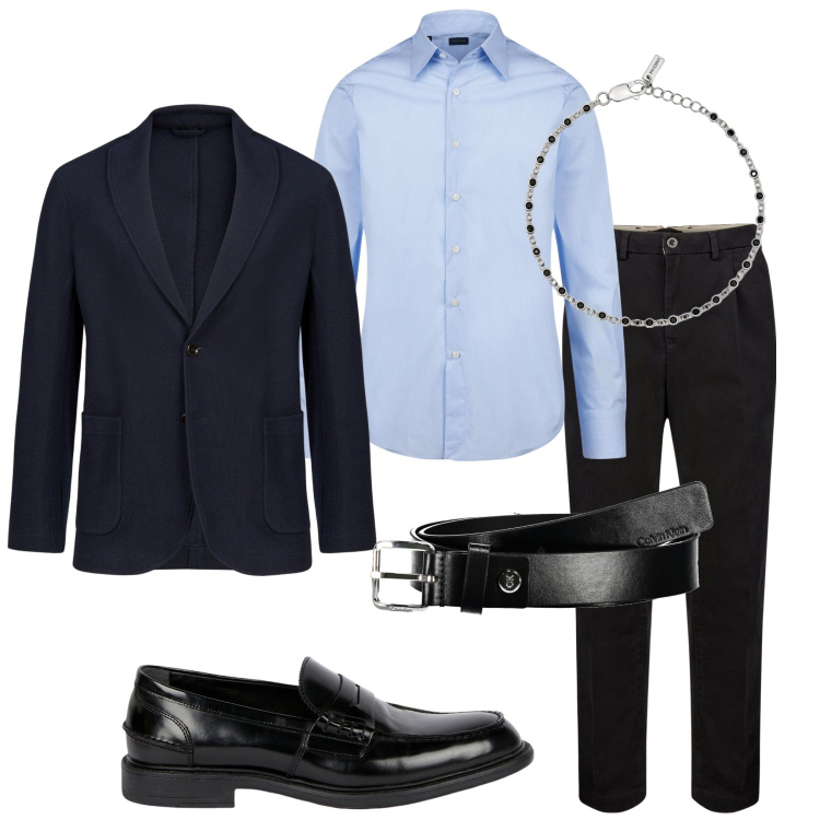 Outfit uomo - Serata chic. Stile Business/Elegante per Serata speciale. Abbinamento con braccialetti, pantaloni, giacche, camicie, cinture, scarpe stringate.