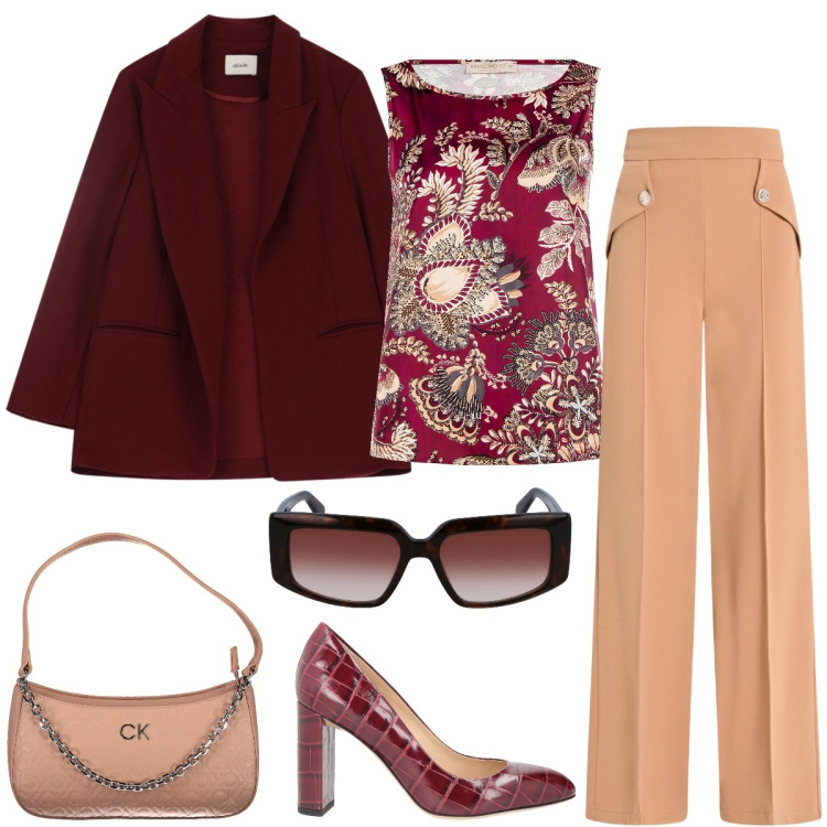 Outfit donna - Pranzo di lavoro. Stile Chic per Ufficio. Abbinamento con décolleté, pantaloni a palazzo, top, blazer, occhiali da sole, borse a spalla.