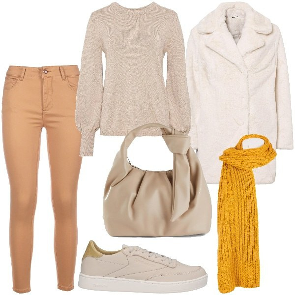 Outfit donna - Total look #2005714. Stile Minimal per Tutti i giorni. Abbinamento con borse a mano, maglieria, ecopellicce, sneakers, jeans skinny, sciarpe.
