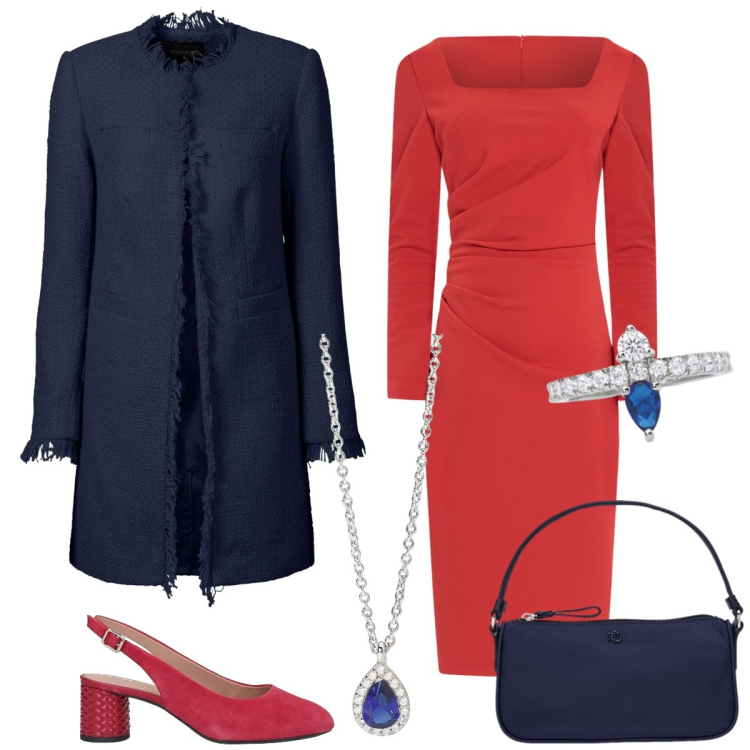 Outfit donna - Pranzo formale. Stile Chic per Tutti i giorni. Abbinamento con blazer, décolleté, anelli, collane, vestiti a tubino, pochette.