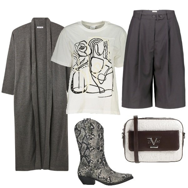Outfit donna - Tonalita\' di grigio con bermuda. Stile Urban per Tutti i giorni. Abbinamento con stivaletti texani, borse a tracolla, cardigans, t-shirt, bermuda.