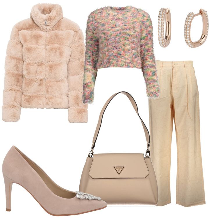 Outfit donna - Il beige il mio colore preferito. Stile Glamour per Tutti i giorni. Abbinamento con ecopellicce, décolleté, orecchini, maglieria, borse a spalla, pantaloni.