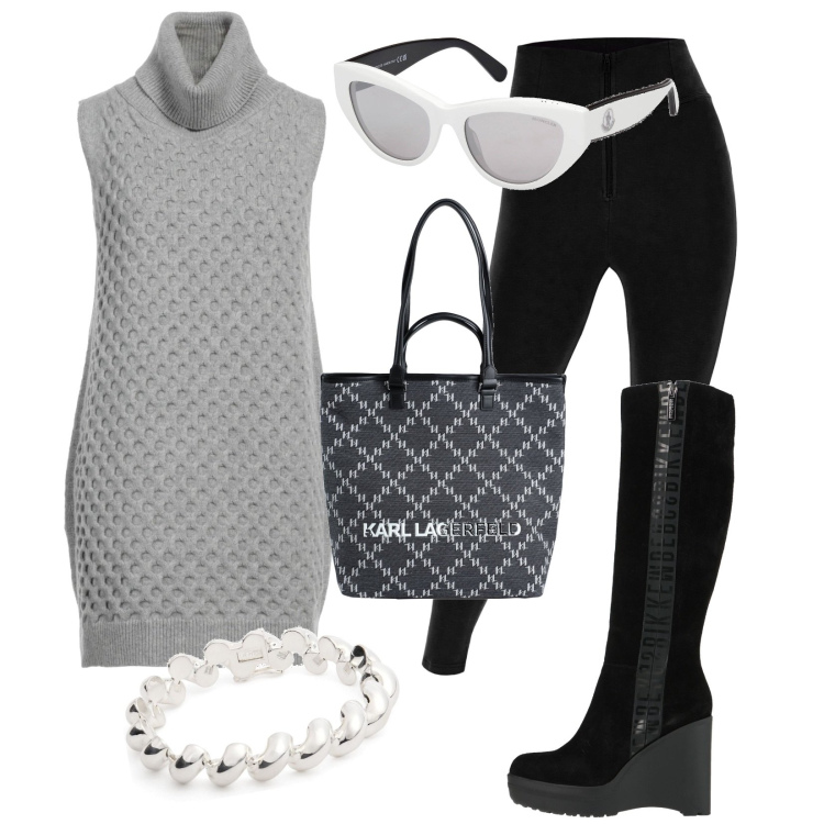 Outfit donna - Total look #2005746. Stile Trendy per Tutti i giorni. Abbinamento con stivali, maglieria, borse a mano, pantaloni skinny, occhiali da sole, braccialetti.