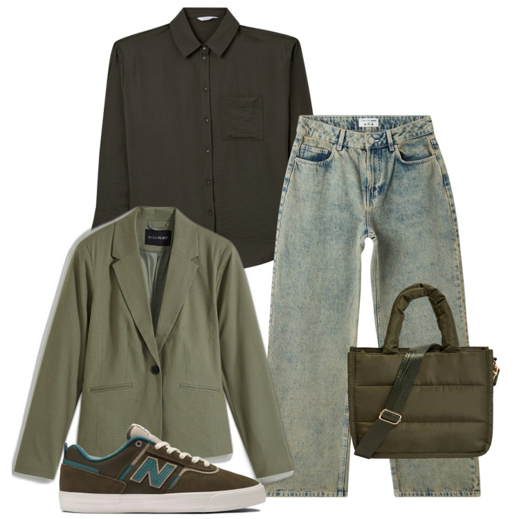 Outfit donna - Pomeriggio in blazer. Stile Basic per Tutti i giorni. Abbinamento con blazer, jeans, shopping bag, camicie, sneakers.