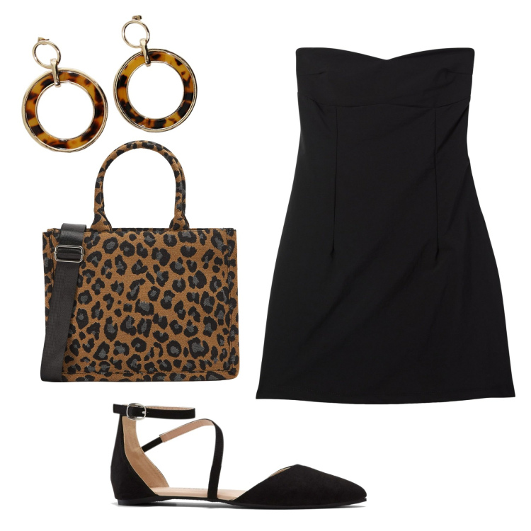 Outfit donna - Accessori animalier. Stile Glamour per Tutti i giorni. Abbinamento con ballerine, vestiti corti, shopping bag, orecchini.