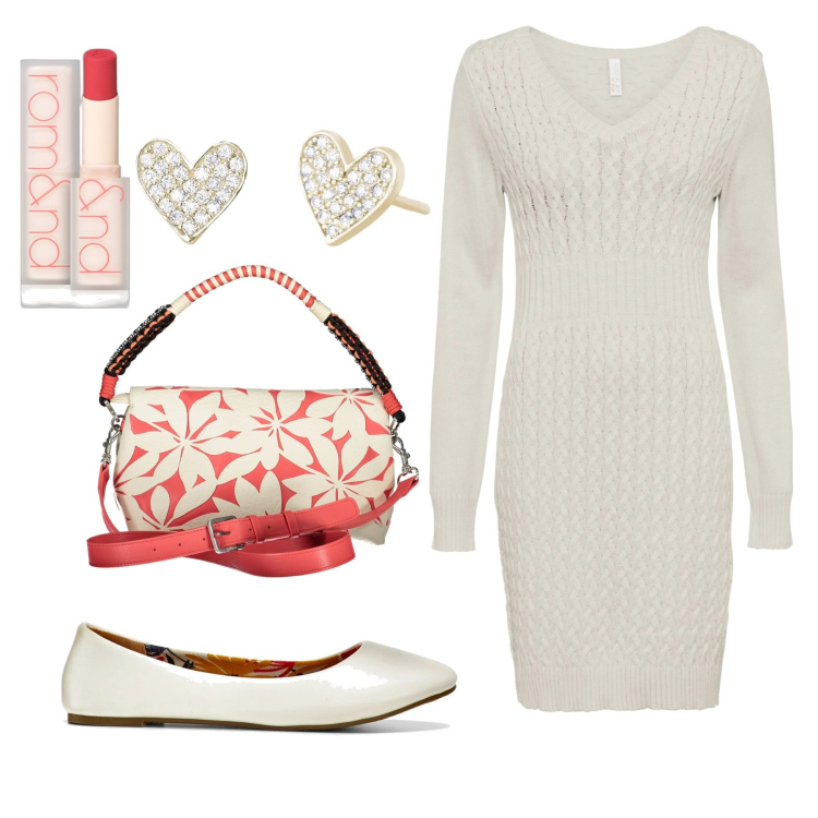 Outfit donna - Abito in maglia romantico bon ton. Stile Bon Ton per Serata fuori. Abbinamento con ballerine, vestiti, rossetti, orecchini, borse a spalla.