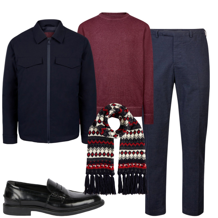 Outfit uomo - Fine novembre. Stile Urban per Tutti i giorni. Abbinamento con piumini, pantaloni, sciarpe, scarpe stringate, maglieria.