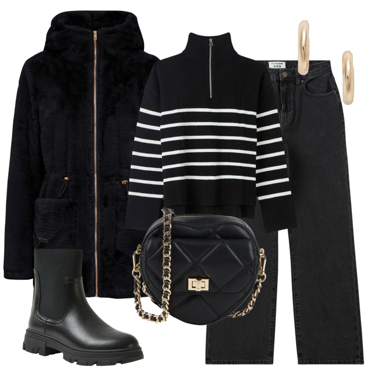 Outfit donna - Daily. Stile Urban per Tutti i giorni. Abbinamento con ecopellicce, borse a tracolla, stivaletti chelsea, maglieria, jeans dritti, orecchini.