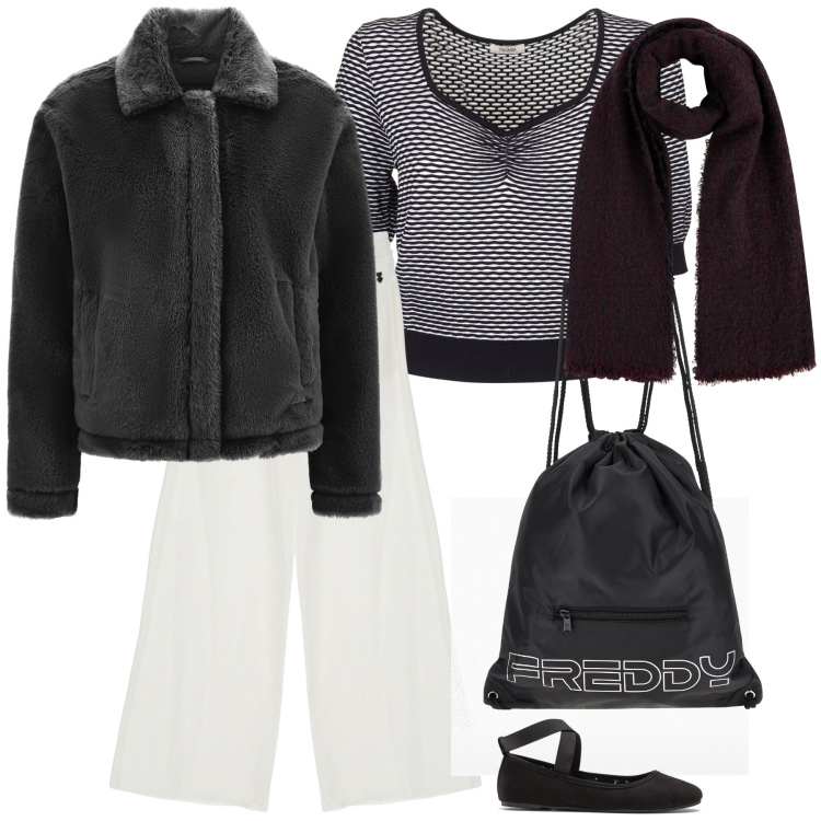 Outfit donna - Total look. Stile Urban per Tutti i giorni. Abbinamento con ballerine, maglieria, pantaloni a palazzo, cappotti, zaini, sciarpe.