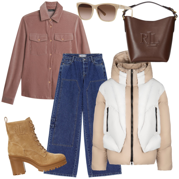 Outfit donna - Tempo libero. Stile Casual chic per Tutti i giorni. Abbinamento con jeans, camicie, borse a secchiello, occhiali da sole, stivaletti, piumini.
