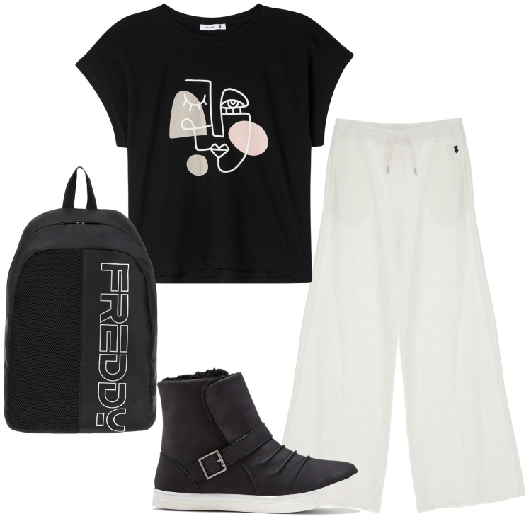 Outfit donna - Joggers. Stile Basic per Sport. Abbinamento con stivaletti, t-shirt, pantaloni a palazzo, zaini.