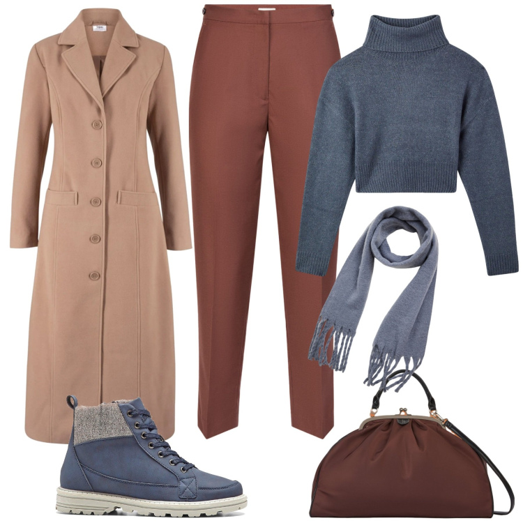 Outfit donna - Casual per il giorno. Stile Casual chic per Tutti i giorni. Abbinamento con stivaletti, cappotti, maglieria, sciarpe, pantaloni, borse a spalla.