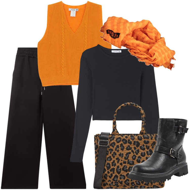 Outfit donna - La sciarpa arancione. Stile Basic per Tutti i giorni. Abbinamento con t-shirt, shopping bag, stivaletti, pantaloni, gilet, sciarpe.