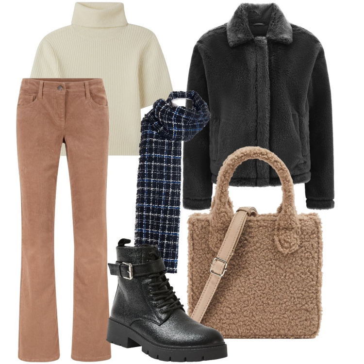 Outfit donna - La sciarpa a quadri. Stile Minimal per Tutti i giorni. Abbinamento con pantaloni, maglieria, shopping bag, anfibi, sciarpe, cappotti.