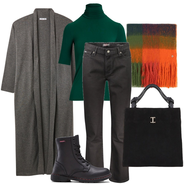 Outfit donna - Frange colorate. Stile Basic per Ufficio. Abbinamento con stivaletti, cardigans, stole, shopping bag, maglieria, jeans dritti.