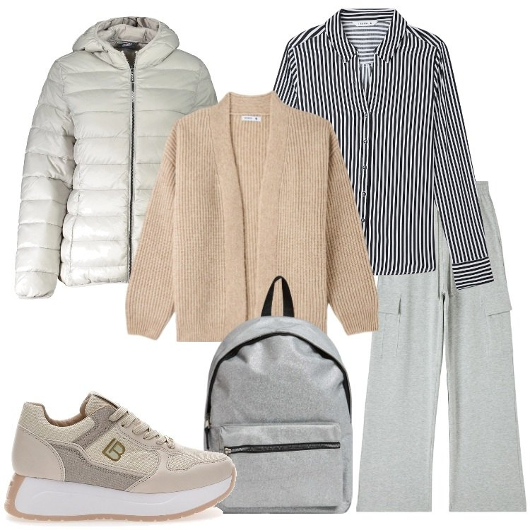 Outfit donna - Toni neutri - Focus Donna Curvy Italy. Stile Casual per Scuola/Università. Abbinamento con camicie, cardigans, pantaloni cargo, zaini, sneakers, blazer.