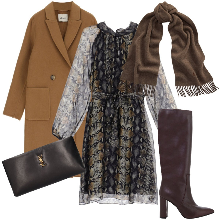 Outfit donna - Il vestito pitonato. Stile Sexy per Serata fuori. Abbinamento con vestiti, cappotti, stivali, sciarpe, pochette.